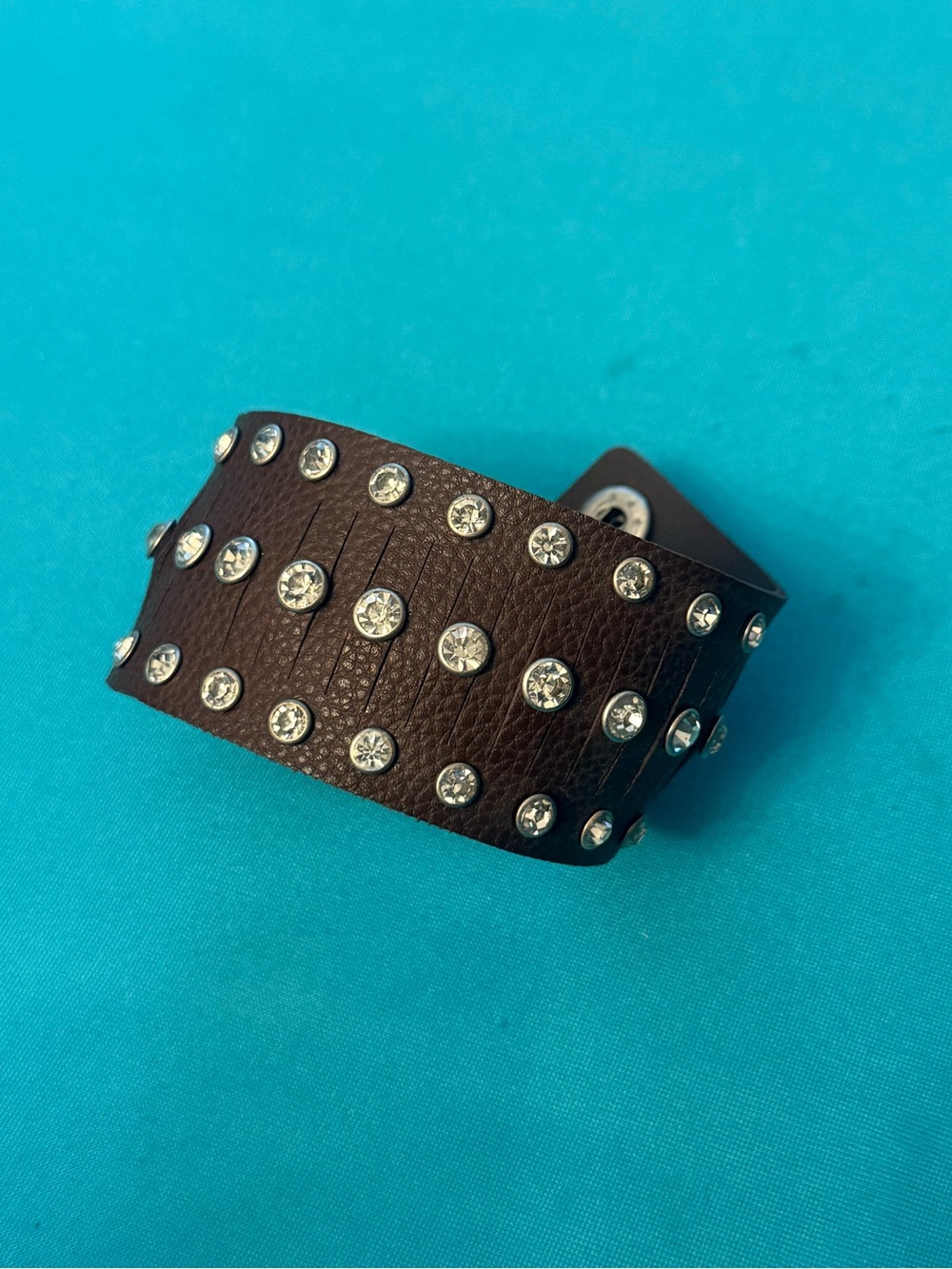 Brown Studded Leather Cuff Bracelet with Rhinestones